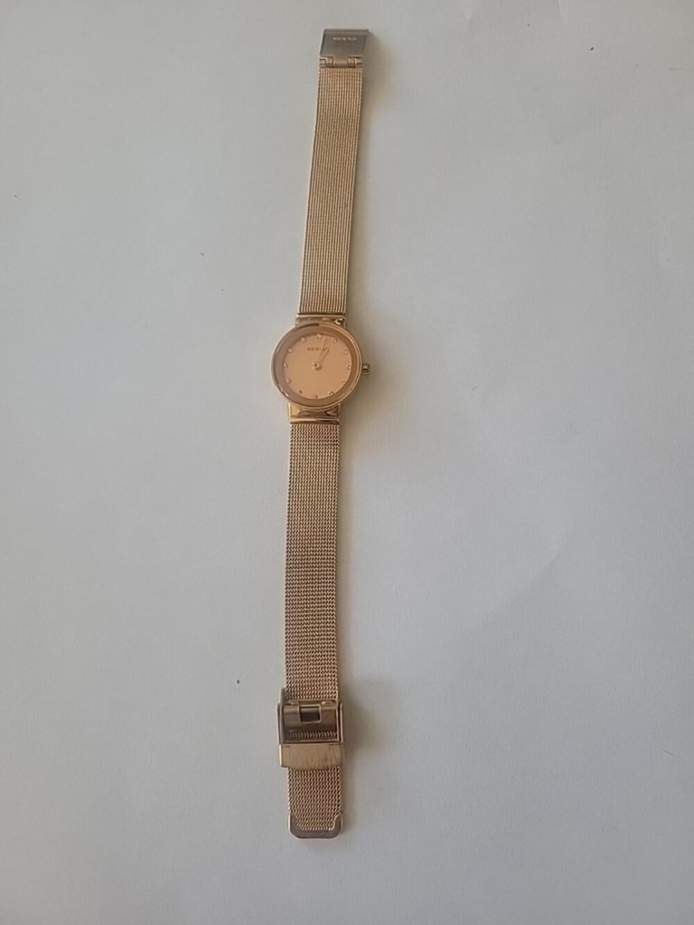 BERING Gold Tone Mesh Bracelet Watch with Crystal Hour Markers